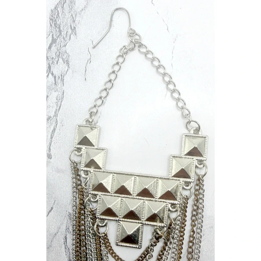 Extra Long Pyramid Stud Chain Fringe Earrings Mixed Metal Shoulder Dusters 6